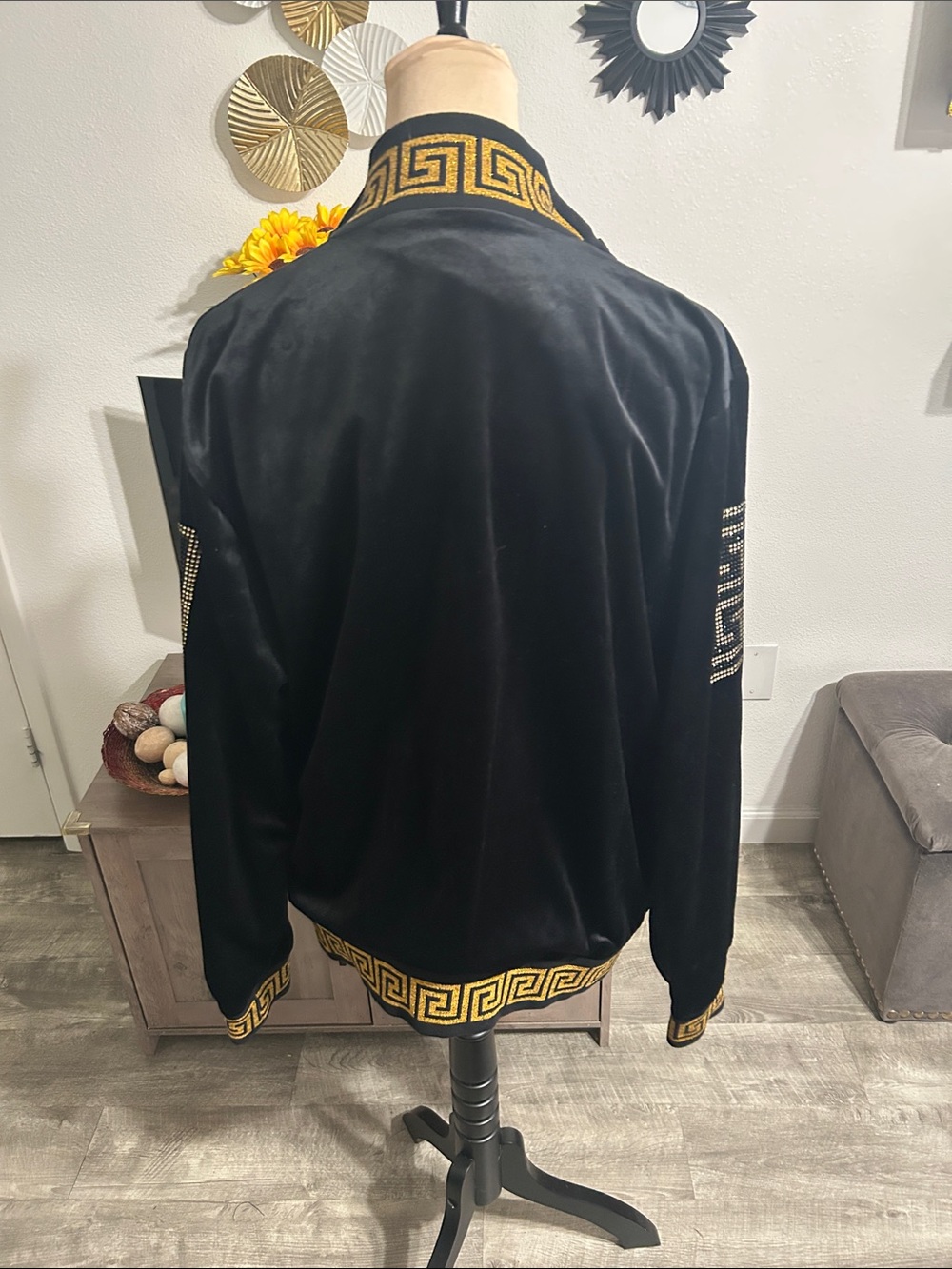 Black Velvet Bomber Jacket with Gold Greek Key Trim - Picture 6 of 10